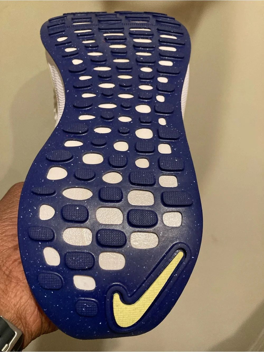 Nike White Athletic Shoes with Blue Swoosh and Yellow Midsole